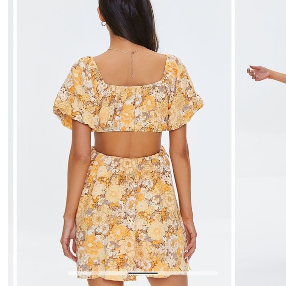 Yellow Floral Mini Dress with Cutouts - Picture 3 of 5